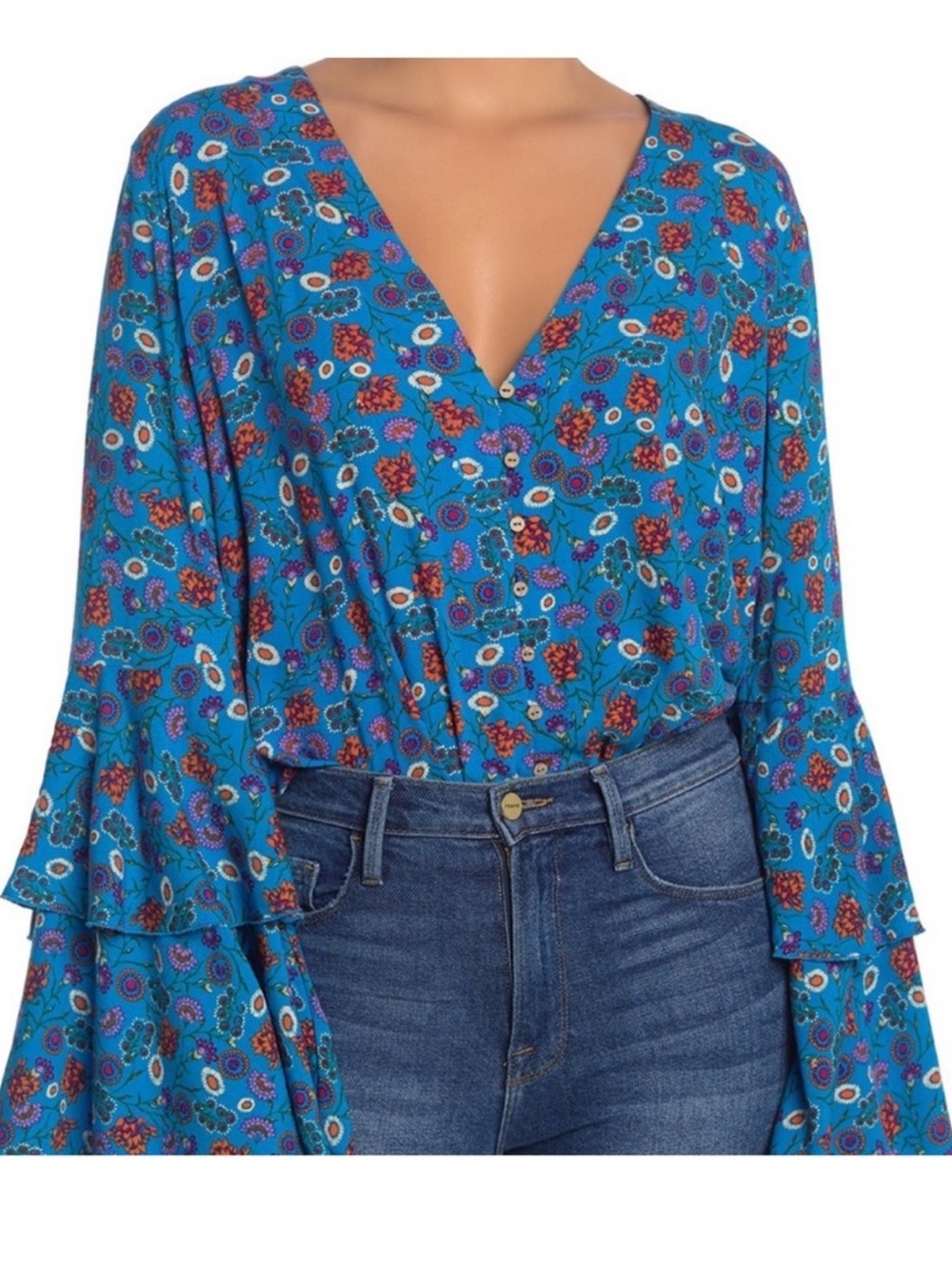Intimately by Free People Turquoise Floral V-Neck Bell Sleeve Blouse Size Small